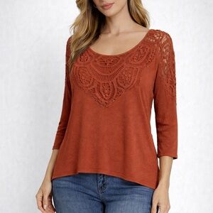 Maitai Rust Crochet Lace Yoke Boho Blouse/3/4 Sleeve Top (1169)